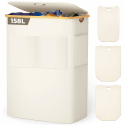 OUSFOT Wäschekorb mit Deckel 3 Fächer 158L Wäschesammler faltbar aus 600D Oxford-Gewebe mit Abnehmbarem Wäschesack, vorne Stofftasche Bambus-Wäschebox Wäschesortierer Wäschetonne Laundry baskets Beige Vordertasche aus Stoff