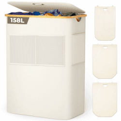 OUSFOT Wäschekorb mit Deckel 3 Fächer 158L Wäschesammler faltbar aus 600D Oxford-Gewebe mit Abnehmbarem Wäschesack,Netztasche vorne Bambus-Wäschebox Wäschesortierer Wäschetonne Laundry baskets Beige Vordertasche aus Netzstoff