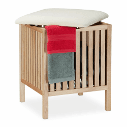 Relaxdays Wäschekorb mit Sitz, Badhocker mit Stauraum, 40 l Wäschesammler, Holz/Stoff, HBT: 51 x 41 x 41 cm, natur/weiß
