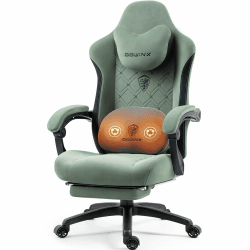 Dowinx Gaming Stuhl Stoff mit Beheizter Massage Lendenwirbelstütze, Gamer Stuhl mit Tasche Frühling Kissen und Fußstütze, Roß und Hoch Gamer 150 kg Belastbarkeit (Grün) Grün stoff