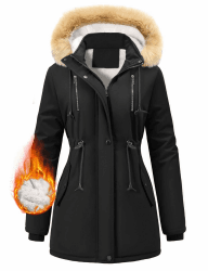 FemiChic Winterjacke Damen Warm Wintermantel Lang Mantel mit Fellkapuze Dicke Damen-Mäntel mit Fell Gefüttert Parka Winterparka Übergangsjacke Winterjacken Herbst Winter Coat Schwarz S