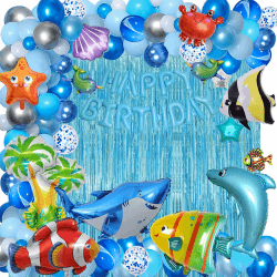 YinQin 176 Stück Blaue Ozean Geburtstagsparty Ballons mit Pumpe, Blau Ozean Thema Geburtstagsdekoration Happy Birthday Ballon, Hai Geburtstagsballon Kinder Geburtstag Luftballons Deko Supplies (Blau) Fisch-Blau