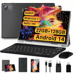 2024 Neueste Tablet 10 Zoll Android 14 mit 22GB RAM+128GB ROM 1TB TF, Octa-Core,Widevine L1,5G+2.4G WiFi, Bluetooth 5.0, 8000mAh, 8+5MP,1280*800, Gesichtserkennung,Type C, Tablet mit Tastatur -Schwarz S10 Schwarz
