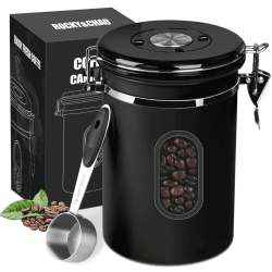 ROCKY&CHAO Kaffeedose Luftdicht aus Edelstahl 1,8L Kaffeebhnen Behälter Vorratsdose für Tee Nüsse Kakao Länger und Frisch Bleiben (Schwarz) 1.8L-Schwarz