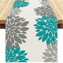 Blaugrün Tischläufer 40x140 cm Floral Abstrakt Dahlie Pflanzen Waschbare Tischdecke Dekorativer Geometrischer Tischläufer für Esszimmer Küche Bauernhaus Hochzeit Geburtstag Draussen Teal 40x140cm