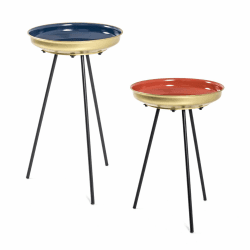 HAKU Möbel Beistelltisch 2er Set blau, Gold, Koralle, schwarz, Metall - Maße: H 56/66 cm x Ø 38/38 cm, Style: Art Deco Schwarz-blau-koralle-gold