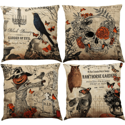 BINXWA 4 Stück Halloween Kissenbezug,Vogelscheuche Schädel kürbis Kissen Baumwolle Leinen Halloween deko gruselig Kissenbezug 45x45cm Halloween Pillow - Grey