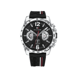 Tommy Hilfiger Analoge Multifunktionale Quarz-Uhr für Herren mit Silikon-, Edelstahl- oder Lederarmband, Unterzifferblätter für Tag und Datum, Wasserdicht bis 5ATM. Black Silicone