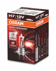 Osram Night Breaker Silver H7, +100% mehr Helligkeit, Halogen-Scheinwerferlampe, 64210NBS, 12V Pkw, Faltschachtel (1 Lampe) H7 Single Faltschachtel
