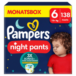Pampers Night Windeln Pants Größe 6 (15+kg) Baby-Dry, MONATSBOX, Windelhöschen bieten zusätzlichen Schutz für die ganze Nacht, 138 Höschenwindeln Größe 6 (138 Stück) NEU