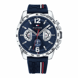 Tommy Hilfiger Analoge Multifunktionale Quarz-Uhr für Herren mit Silikon-, Edelstahl- oder Lederarmband, Unterzifferblätter für Tag und Datum, Wasserdicht bis 5ATM. Navy Silicone