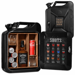 Maverton 20L Kanister Bar mit Gravur - Weihnachtsgeschenke - Jerrycan 4 Herausnehmbaren Fächern schwarzer Metall Mobile Bar Geburtstagsgeschenk für Männer, Abschließbarer Minibar - Größe: 36x46x18cm