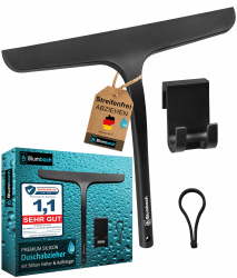 BLUMBACH® Duschabzieher schwarz, Abzieher Dusche mit Halterung 28 cm breit, Fensterabzieher Silikon mit Edelstahl Kern, Dusch Abzieher Wischer, Duschwand Abzieher, Flitsche Dusche, Glasabzieher, 28 cm Duschabzieher Schwarz
