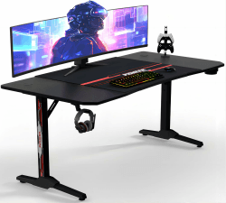 JUMMICO Groß Gaming Tisch 160cm, Gaming Schreibtisch PC Computertisch Ergonomischer Gamer Tisch zocker Tisch mit Kabelführungsfach, Kopfhörerhaken und Getränkehalter, 160 x 60cm, Schwarz Schwarz 160 x 60 cm