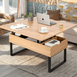VOWNER Couchtisch Höhenverstellbar, 3-in-1-Multifunktions-Wohnzimmertisch mit Versteckter Aufbewahrung, Couchtisch Umwandelbar in Wohnzimmer-Esstisch (Holzfarbe)