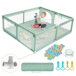 COMOMY Laufstall Baby, 180x200x66cm Laufgitter Baby Große XXL Sicherheitsspielplatz Schutzgitter für Kinder mit Weichem Netz, Rutschfestem Oxford Bottom, Bällen, Mini-Körbchen und 4 Zugringen, Grün 180x200x66cm Dunkelgrün