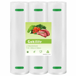 Gokilife Vakuumierbeutel - 3 Rollen 28x600cm Reißfest ca. 450µm, Vakuumierfolie für alle Vakuumierer & Lebensmittel Vakuumiergerät, Profi Folienrollen BPA-frei, Kochfest und Sous Vide Gefrierbeutel 28x600cm (3 Rollen)