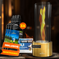 GLANZFEUER® Tischkamin - Premium Bio Ethanol Tischkamin - Tischfeuer Outdoor & Tischfeuer Indoor - Hochwertiger Bioethanol Tischkamin Outdoor für besonderes Ambiente - Tisch Feuer Ethanol Kamin Gold Gold Tischkamin inkl. 3 Flaschen Bioethanol