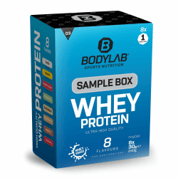 Bodylab24 Sample Box Whey Protein 3 (8x30g), 80% Eiweißgehalt, reich an BCAAs, 8 Geschmacksvarianten zum Ausprobieren mit je 1 Portion, perfekt löslich, ideal zur Nutzung nach dem Training Sample Box 3 30 g (8er Pack)