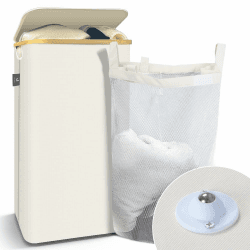 VOUNOT Wäschekorb mit Deckel 100L, Faltbarer Wäschesammler mit Herausnehmbar Wäschesäcke, Laundry Baskets Wäschebox Schmal, Beige 100l Beige