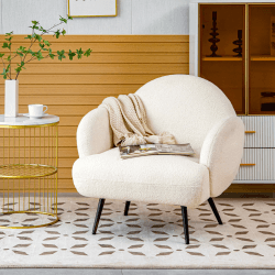 AISALL Sessel Moderner Loungesessel Einzel Loungesofa Lounge Sofa Gemütlicher Teddystoff Schwarze Metallbeine Geeignet für Wohnzimmer Schlafzimmer, Weiß Weiß-schwarz