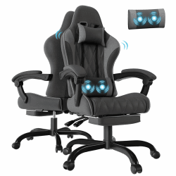 Flamaker Gaming Stuhl Stoff mit Fußstütze, Massage Computer Bürostuhl mit Linkage Armlehnen, Hohe Rückenlehne Ergonomischer PC Racing Chair für Erwachsene, Dunkelgrau/Hellgrau
