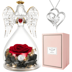 Miofula Engel Geschenke für Mama, Ewige Rose Engel Figur mit Halskette, Echte Rose mit LED Licht, Geschenke für Frauen Mutter Oma Freundin zum Geburtstag Jahrestag Muttertag Valentinstag Weihnachten 1-rot