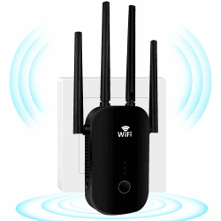 WLAN Verstärker 1200Mbit/s Dualband,WLAN Repeater 2.4GHz & 5.8GHz,WiFi Extender Booster mit WPS,WiFi Internet Verstärker mit externen 4 * 3dBi Dual-Band-Antennen, Internet Booster bis zu 3000qm Schwarz