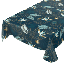 ANRO Wachstuchtischdecke abwaschbar Marmor : Gold Blue Leaves 100 x 140 cm Schnittkante