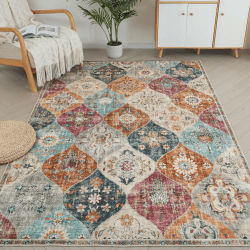 Xfrog Teppich Blumen Boho Rutschfester Waschbarer Teppich Klein Ultraweicher Antiker Teppich Wohnzimmer Niedriger Flor Flächenteppich für Wohnzimmer, Schlafzimmer, Kinderzimmer 120 x 160 cm Mehrfarbig Creme 120 x 160 cm