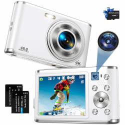 Digitalkamera,AutoFocus 4K Fotokamera mit Dual-Kamera,Fotoapparat Digitalkamera mit 32GB Karte,16X Digitalzoom,2,8" großem Bildschirm Vlogging Kamera Tragbare Kompaktkamera für Einsteiger-Weiß White