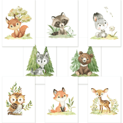 CreativeRobin 8er Poster-Set Waldtiere Kinderzimmer I Babyzimmer Deko I Reh, Fuchs, Bär etc. mit Flora