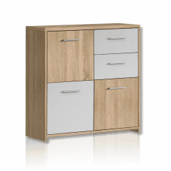 FORTE Quadro Kommode mit 3 Türen und 2 Schubladen, Holzwerkstoff, Sonoma Eiche / Weiß, 77.2 x 29.6 x 77.5 cm 29.6T x 77.5B x 77.2H cm (2 Schubladen) Single