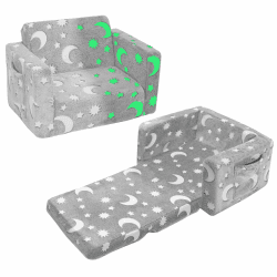 SLIGUY Kleinkindcouch, Kindercouch, ausklappbarer Kinder-Sofa-Stuhl, Sofa für Kleinkinder, umwandelbares Sofa zu Liege, ausziehbare Couch, leuchtet im Dunkeln, Sofasessel für Jungen und Mädchen Grau Medium