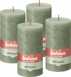 Bolsius Rustik Stumpenkerzen - Olivengrün - Set 4 Stück - Dekorative Haushaltkerzen - Länge Brenndauer 60 Stunden - Unparfümierte - Natürliches Pflanzenwachts - Ohne Palmöl - 13 x 7 cm 13 x 7 cm Dunkelgrün
