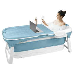 UISEBRT Faltbare Badewanne Erwachsene XL, Foldable Bathtub 148 x 62 x 53 cm, Tragbare Klappbadewanne mit abnehmbare Abdeckung, Seifenkorb, Massagerollen, für Badezimmer, Blau XXL, 148 x 62 x 53 cm Badewanne