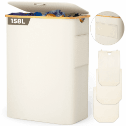 OUSFOT Wäschekorb mit Deckel 3 Fächer 158L Wäschesammler aus 600D Oxford-Gewebe mit Abnehmbarem Wäschesack, Netztasche auf der Rückseite Wäschebox Wäschesortierer Wäschetonne Laundry baskets Beige Gesäßtasche aus Netzstoff