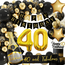 40 Geburtstag Deko, 40 Geburtstag Mann Frauen, Geburtstagsdeko 40, Schwarz Gold Deko mit Happy Birthday Girlande, Deko 40 Geburtstag, Luftballon 40 für 40 Männer Geburtstag Dekorationen