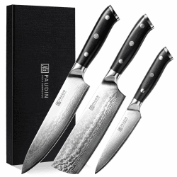 PAUDIN 3-tlg Küchenmesser Set, Damastmesser Set aus 67 Schichten VG10 Damaststahl mit G10 Griff – Chefmesser, Hackmesser und Allzweckmesser für Profis 3-tlg Damastmesser Set