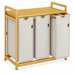 AdelDream Wäschekorb mit Bambusrahmen 150L 3 Fächer Bambus Wäschesammler laundry baskets Bogendesign Wäschesortierer Hellgrau-06-16
