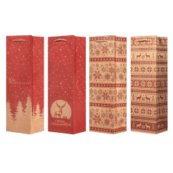 KOHMUI Geschenktüten Weihnachten, 12 Stück Weihnachtstüten mit Tragegriff, Weingeschenke Tüten aus Braun Kraftpapier, Rot Weihnachtstaschen zum Verpacken von Geschenken 10 x 34 x 10 cm Rot (Flasche)