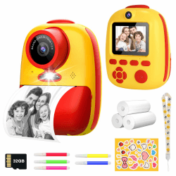 Kinder Sofortbildkamera, Digitalkamera für Kinder mit Null Tinte, 1080P Videorekorder mit 32G TF Karte und Farbstiften zum Selbergestalten, Kindheitsspielzeug Geschenke für Jungen und Mädchen Gelb