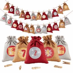 Adventskalender zum Befüllen, Gedruckte Weihnachtskalender Jutesäckchen Selberfüllen, 24 Groß jutebeutel Kette zum selber befüllbar und Aufhängen, 2024 Geschenksäckchen für Kinder (Rot) Rot-Grau