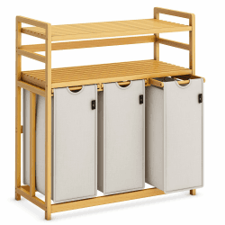 AdelDream Wäschekorb 150L 3 Fächer 2 Regale ausziehbarer und abnehmbarer Wäschesack Wäschesammler Bambusrahmen Wäschebox laundry baskets Wäschesortierer Bambus Hellgrau
