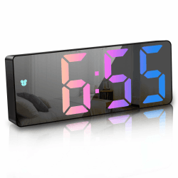 JQGO Wecker Digital, LED Digitaler Wecker Spiegel Tischuhr USB-Kabel Schlanker Wecker, 12/24 Stunden, Snooze, Sprachsteuerung, Temperatur Anzeige, Helligkeit Regelbar, Schlafzimmer, Farbenfroh3