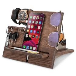 TESLYAR Schreibtisch Organizer Holz Eschenholz Wenge - Handy Ständer & Schlüssel Organizer mit 3 Haken für Büro Aufbewahrung & Organisation - Geschenke aus Holz für Männer Ideen