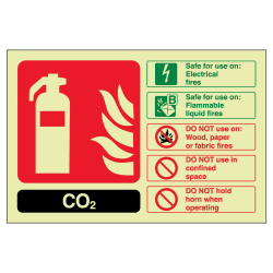 VSafety englisches Warnschild für Feuerlöscher, CO2-Kennzeichnung, leuchtet im Dunkeln, 150 x 100 mm, selbstklebendes Vinyl Vinyl 150mm x 100mm
