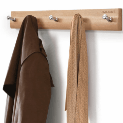 HAUSIST Garderobenhaken Holz mit 5 Edelstahl Haken (43 cm) - Platzsparende Wandgarderobe Kleiderhaken, Massivholz Garderobenleiste-Hakenleiste für Flure, Kinderzimmer, Schlafzimmer und Bad