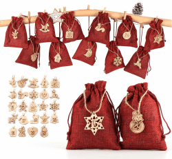 ABSOFINE 24 stück Jutesäckchen mit 24 Adventszahlen Zahlen Holz Deko Holz-Anhänger für Weihnachten Adventskalender Jutebeutel Stoffbeute Geschenksäckchen zum Befüllen(Rot)