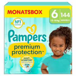 Pampers Baby Windeln Größe 6, Premium Protection, Windeln x144, 13kg-18kg, Doppelter Schutz für Hautkomfort & gegen Auslaufen Größe 6 (144 Stück) NEU